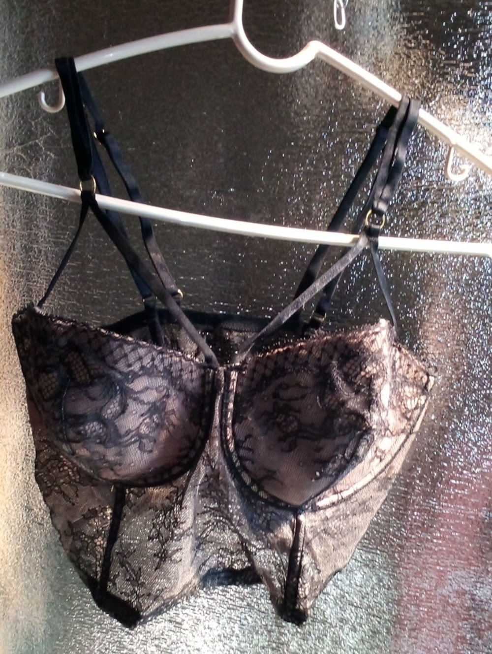 Victoria's Secret Sexy Black Lace Bustier with Floral Sz 36 DD Overlay